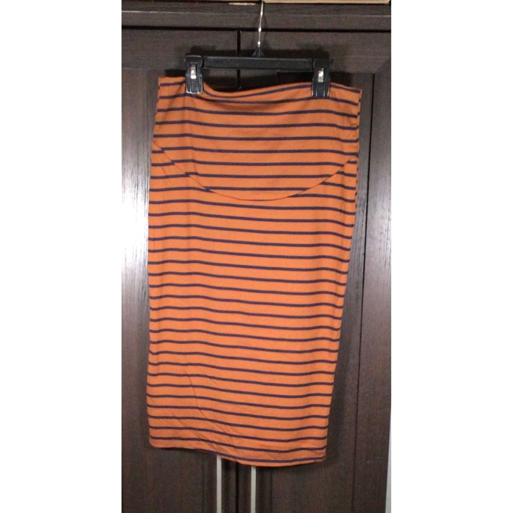 My Bump Maternity Striped Pencil Skirt Cognac Brown Navy Blue Midi Large